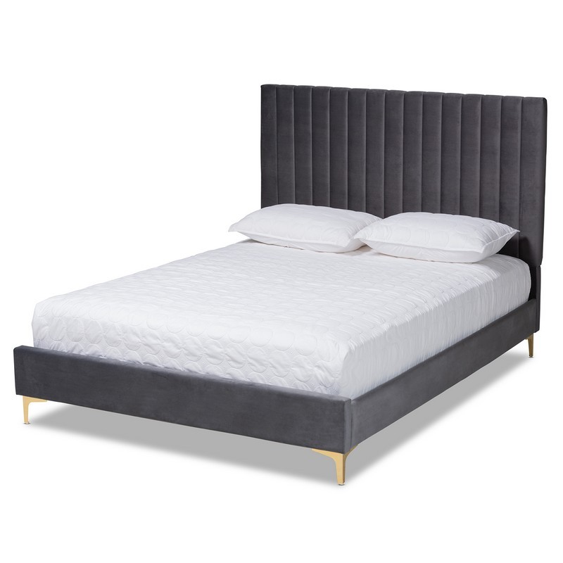 BAXTON STUDIO BBT61079.11-QUEEN SERRANO 63 2/5 INCH CONTEMPORARY GLAM AND LUXE GREY VELVET FABRIC UPHOLSTERED AND GOLD METAL QUEEN SIZE PLATFORM BED