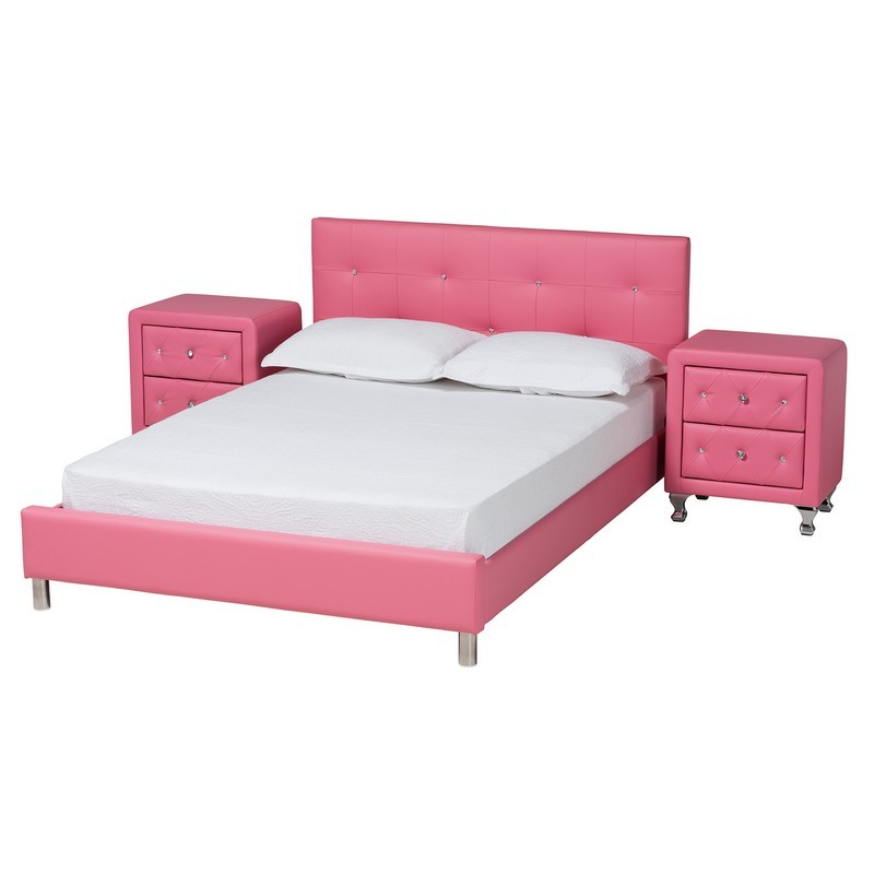 BAXTON STUDIO BBT6140-FULL-PINK-3PC SET BARBARA 56 1/2 INCH CONTEMPORARY GLAM PINK FAUX LEATHER UPHOLSTERED FULL SIZE 3-PIECE BEDROOM SET