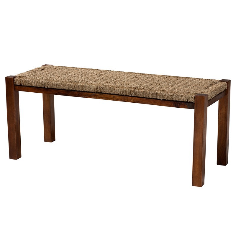 BAXTON STUDIO DC9052-WOOD-BENCH HERMES 43 1/4 INCH MID-CENTURY MODERN TRANSITIONAL NATURAL SEAGRASS AND MAHOGANY WOOD BENCH