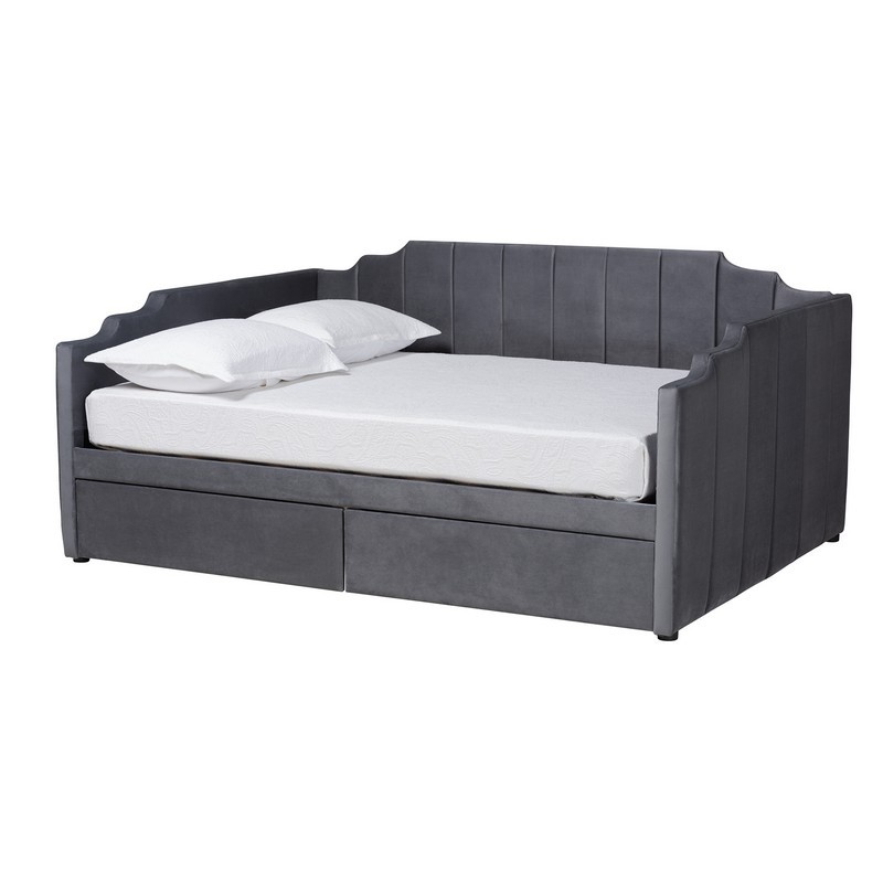 BAXTON STUDIO DV19804-FULL GULLIVER 85 INCH MODERN AND CONTEMPORARY GREY VELVET FABRIC UPHOLSTERED 2-DRAWER DAYBED