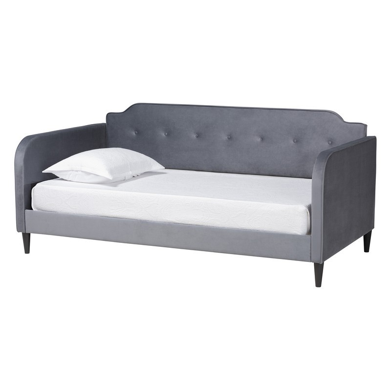 BAXTON STUDIO DV20801-FULL KAYA 86 INCH MODERN AND CONTEMPORARY GREY VELVET FABRIC AND DARK BROWN FINISHED WOOD FULL SIZE DAYBED