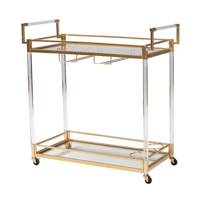 BAXTON STUDIO JY21A018-GOLD-CART SAVANNAH 32 5/7 INCH CONTEMPORARY GLAM AND LUXE GOLD METAL AND GLASS WINE CART