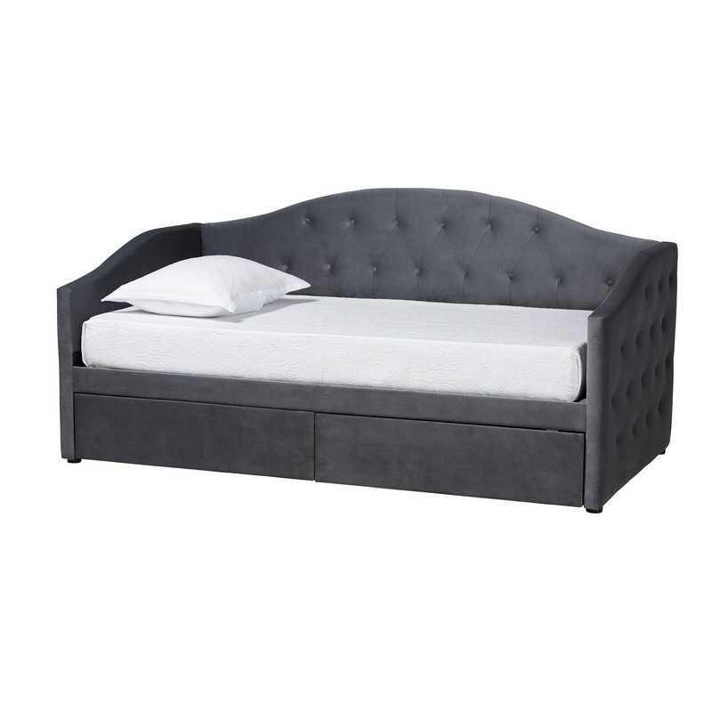 BAXTON STUDIO MANSI-TWIN MANSI 85 INCH MODERN AND CONTEMPORARY GREY VELVET FABRIC UPHOLSTERED TWIN SIZE 2-DRAWER DAYBED