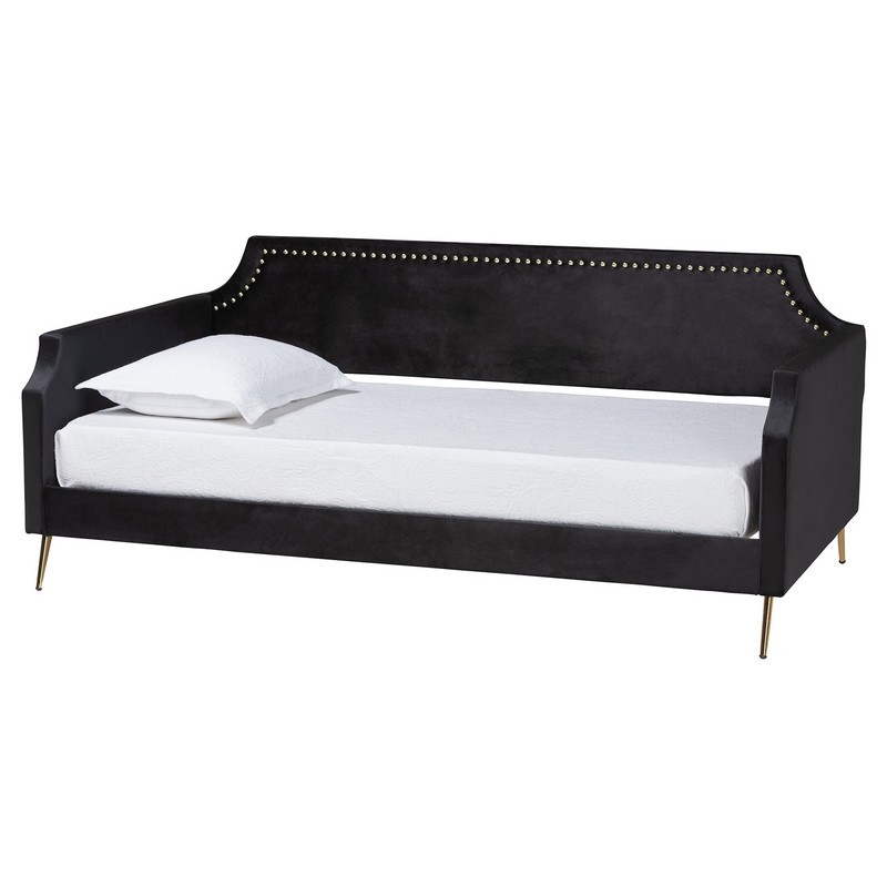 BAXTON STUDIO PITA-BLACK VELVET-DAYBED-TWIN PITA 82 INCH TRADITIONAL GLAM AND LUXE BLACK VELVET AND GOLD METAL TWIN SIZE DAYBED
