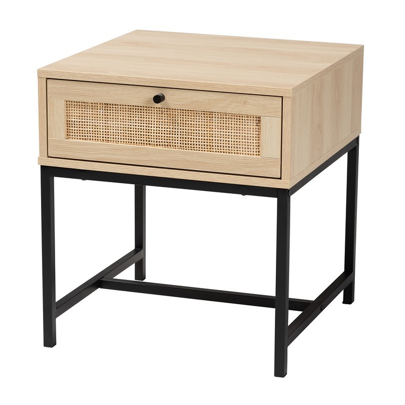 BAXTON STUDIO WES-003-NATURAL/BLACK-ET CATERINA 19 2/3 INCH MID-CENTURY MODERN TRANSITIONAL NATURAL BROWN FINISHED WOOD AND NATURAL RATTAN 1-DRAWER END TABLE