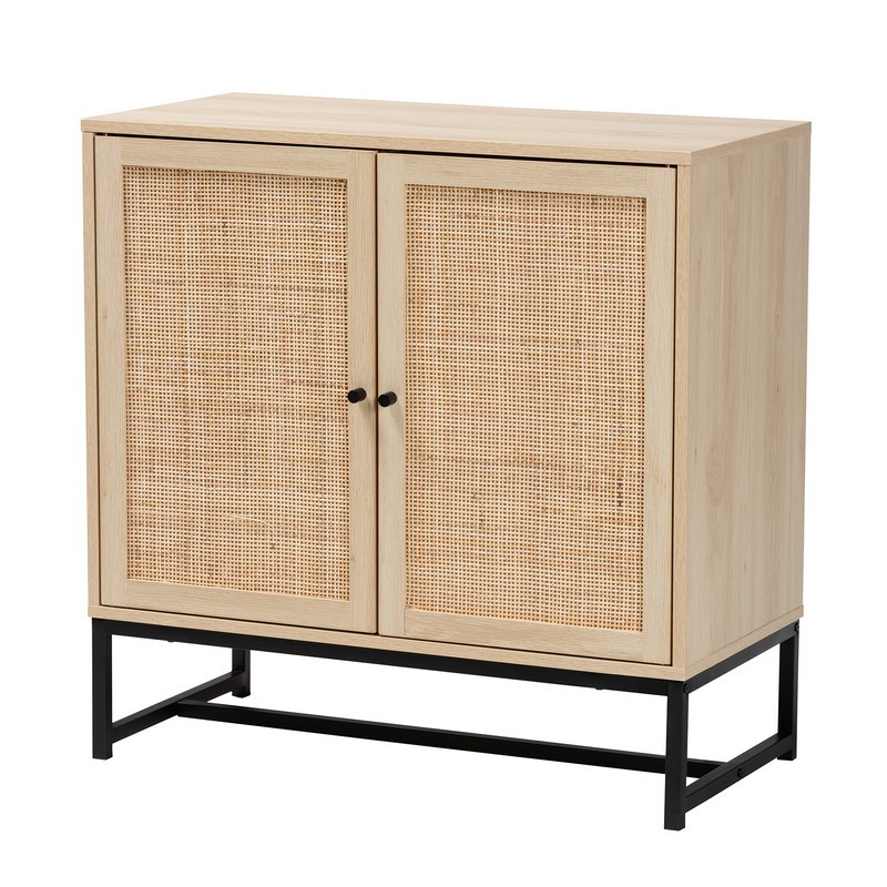 BAXTON STUDIO WES-004-NATURAL/BLACK-CABINET CATERINA 31 1/2 INCH MID-CENTURY MODERN TRANSITIONAL NATURAL BROWN FINISHED WOOD AND NATURAL RATTAN 2-DOOR STORAGE CABINET