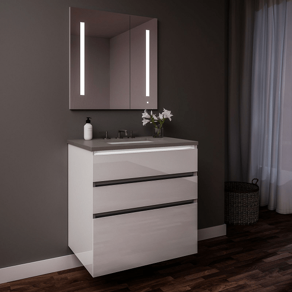 ROBERN 24219100SB00003 CURATED CARTESIAN 24 INCH THREE DRAWER WHITE GLASS VANITY WITH STONE GRAY TOP AND SELECTABLE 2700K/4000K NIGHT LIGHT