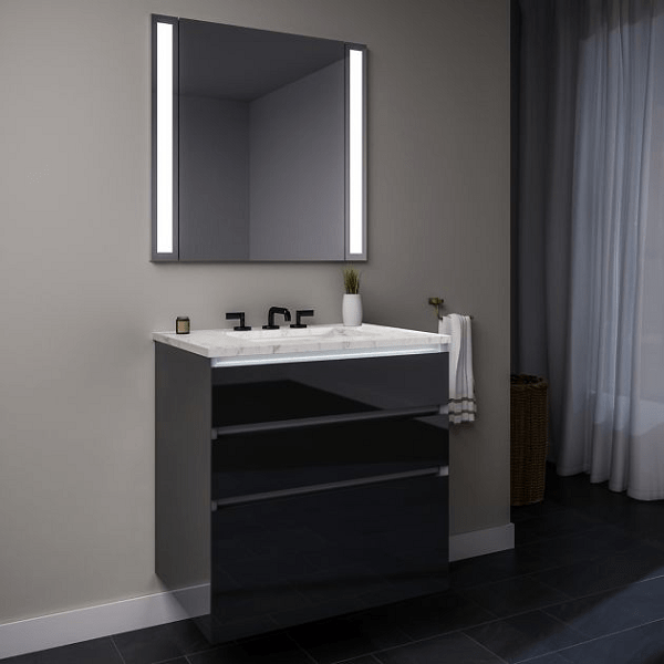 ROBERN 30119400SB00003 CURATED CARTESIAN 30 INCH THREE DRAWER TINTED GRAY MIRROR GLASS VANITY WITH LYRA TOP AND SELECTABLE 2700K/4000K NIGHT LIGHT