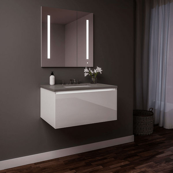 ROBERN 30219100SB00001 CURATED CARTESIAN 30 INCH SINGLE DRAWER WHITE GLASS VANITY WITH STONE GRAY TOP AND SELECTABLE 2700K/4000K NIGHT LIGHT