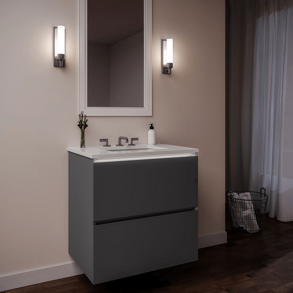 ROBERN 30279200SB00002 CURATED CARTESIAN 30 INCH TWO DRAWER MATTE GRAY GLASS VANITY WITH QUARTZ WHITE TOP AND SELECTABLE 2700K/4000K NIGHT LIGHT