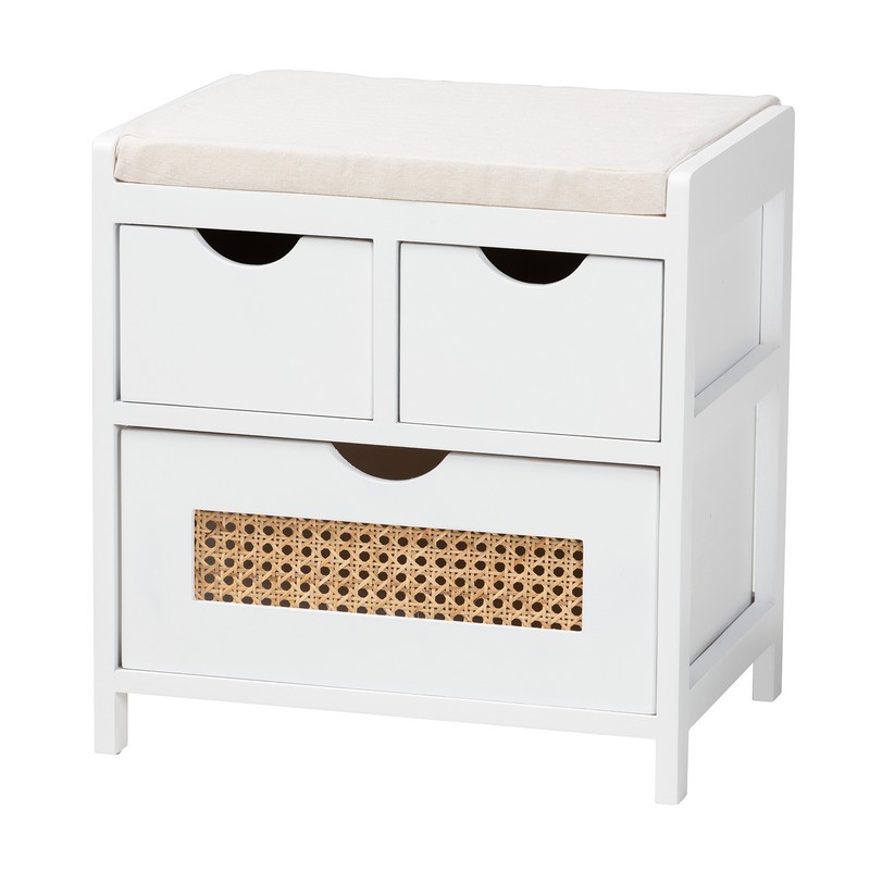 BAXTON STUDIO FZC200365-WHITE-CABINET BENCH BASTIAN 16 7/8 INCH MODERN AND CONTEMPORARY LIGHT BEIGE FABRIC AND WHITE FINISHED WOOD 3-DRAWER STORAGE BENCH WITH NATURAL RATTAN