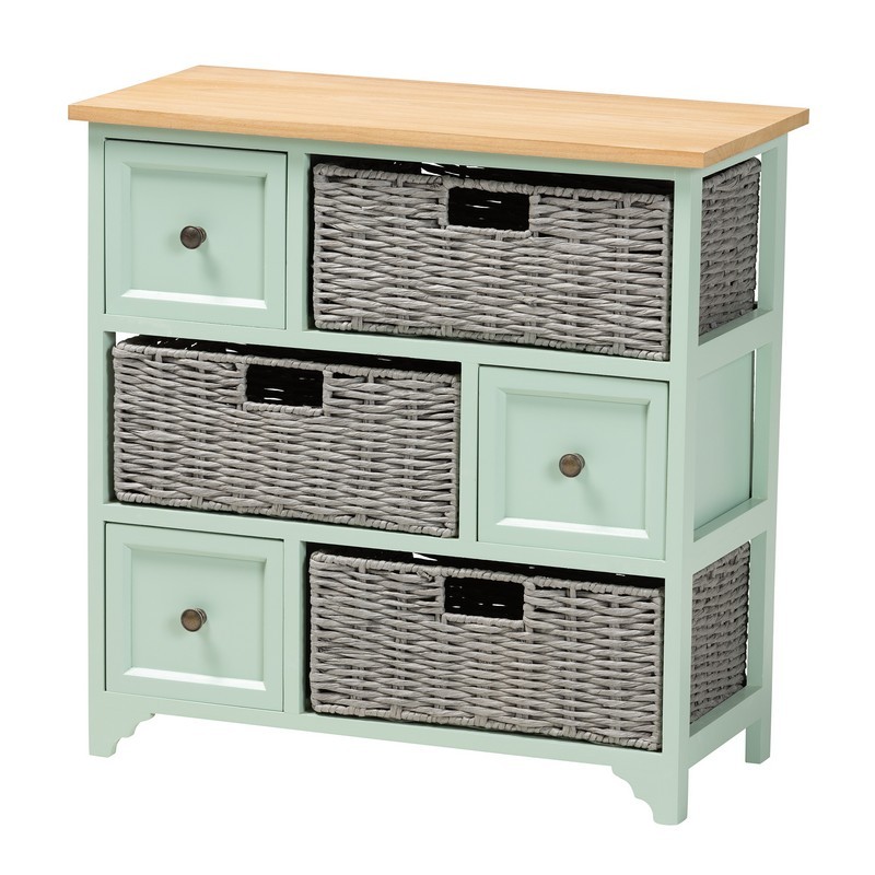 BAXTON STUDIO FZC20119-CABINET VALTINA 25 1/4 INCH MODERN AND CONTEMPORARY TWO-TONE OAK BROWN AND MINT GREEN FINISHED WOOD 3-DRAWER STORAGE UNIT WITH BASKETS