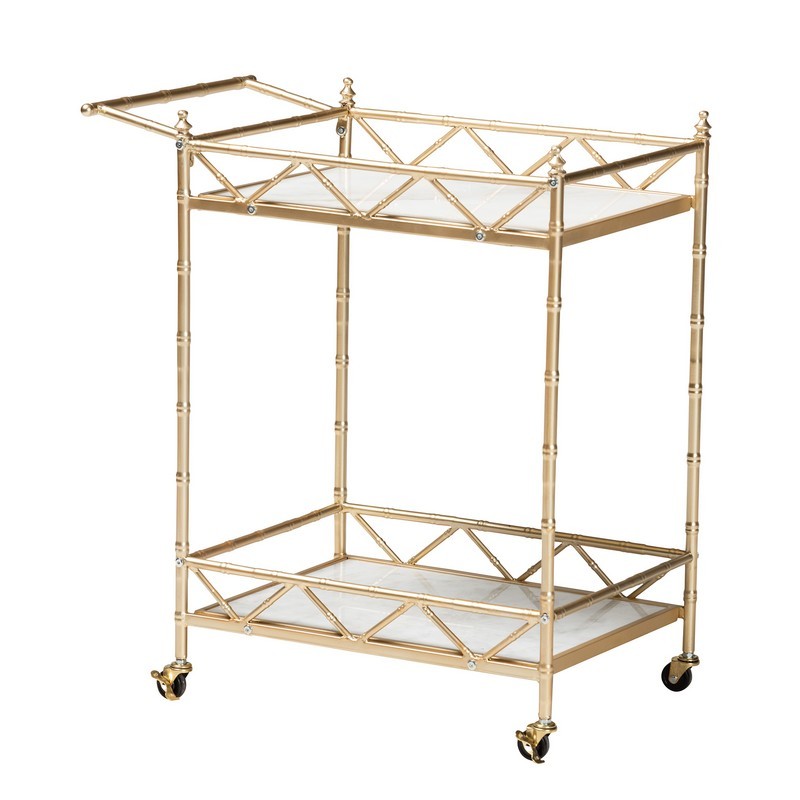 BAXTON STUDIO H01-96218-GOLD/WHITE MARBLE-CART MELA 27 INCH CONTEMPORARY GLAM AND LUXE GOLD METAL AND WHITE MARBLE 2-TIER WINE CART