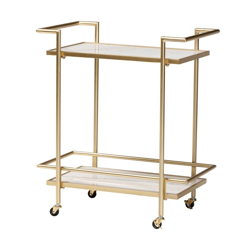 BAXTON STUDIO H01-98877-GOLD/WHITE MARBLE-CART LOUISE 27 1/2 INCH CONTEMPORARY GLAM AND LUXE GOLD METAL AND WHITE MARBLE 2-TIER WINE CART