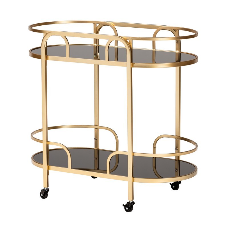 BAXTON STUDIO JY21A019-GOLD-CART LEIGHTON 33 INCH CONTEMPORARY GLAM AND LUXE GOLD METAL AND TEMPERED GLASS 2-TIER WINE CART