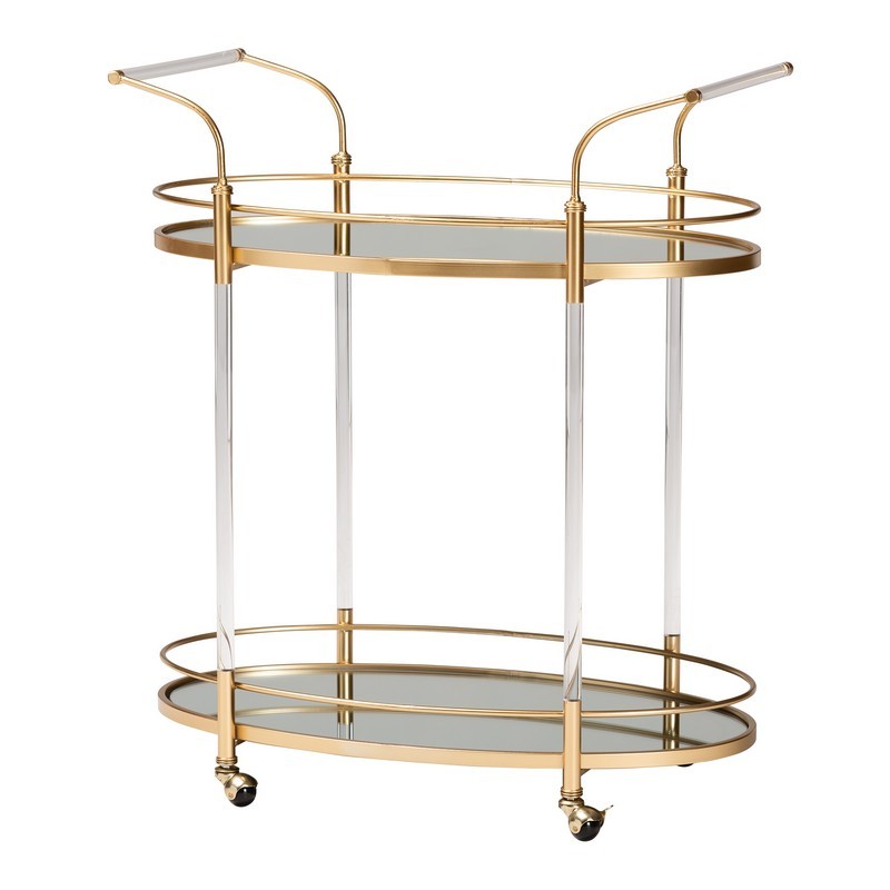 BAXTON STUDIO JY21A021-GOLD-CART NAKANO 34 1/2 INCH CONTEMPORARY GLAM AND LUXE GOLD METAL AND MIRRORED GLASS 2-TIER WINE CART
