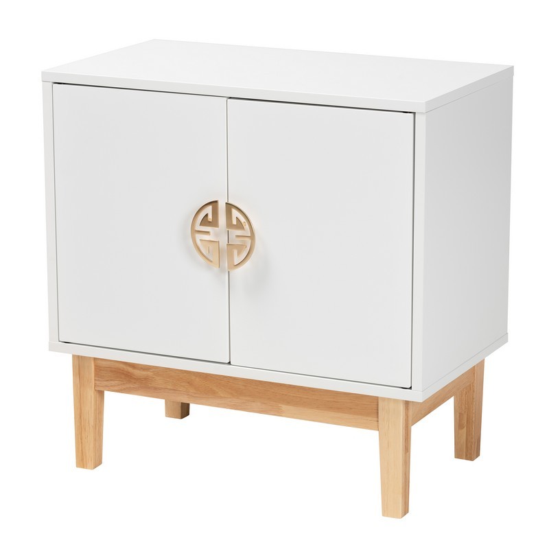 BAXTON STUDIO LC21020903-WHITE-CABINET KAMANA 23 5/8 INCH MODERN AND CONTEMPORARY TWO-TONE WHITE AND OAK BROWN FINISHED WOOD AND GOLD METAL 2-DOOR STORAGE CABINET