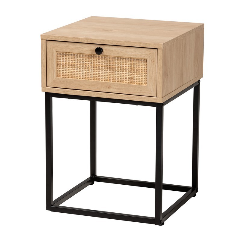 BAXTON STUDIO LCF20001A-RATTAN/METAL-ET AMELIA 15 3/4 INCH MID-CENTURY MODERN TRANSITIONAL NATURAL BROWN FINISHED WOOD AND NATURAL RATTAN 1-DRAWER END TABLE