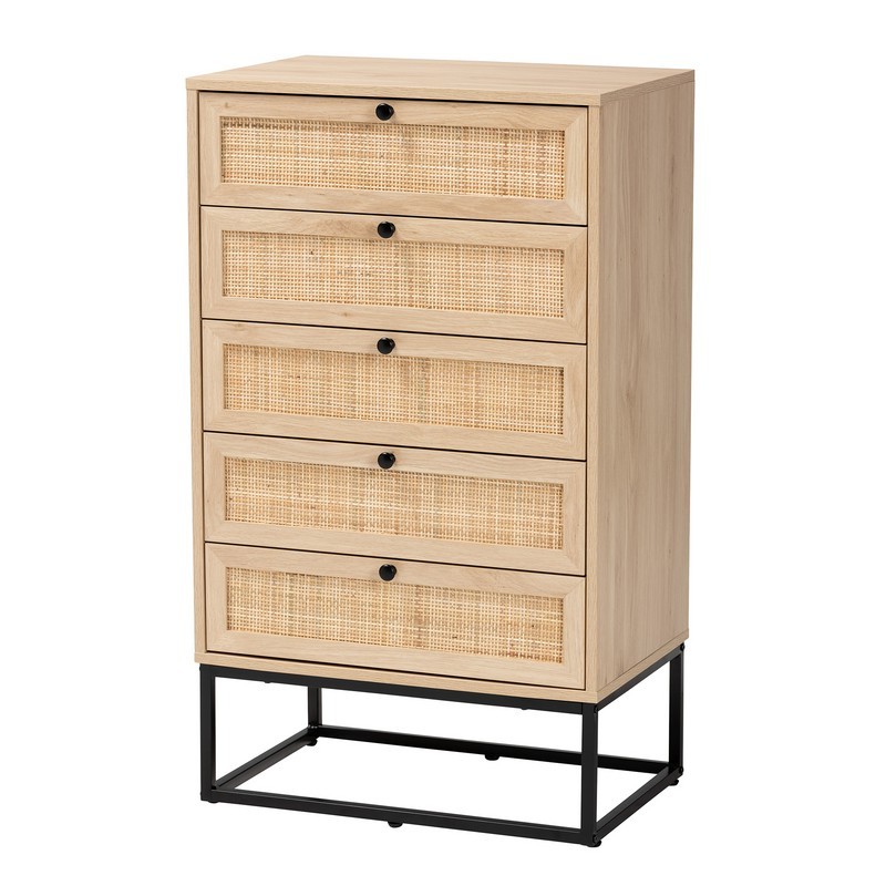 BAXTON STUDIO LCF20005-RATTAN/METAL-5DW-CABINET AMELIA 23 5/8 INCH MID-CENTURY MODERN TRANSITIONAL NATURAL BROWN FINISHED WOOD AND NATURAL RATTAN 5-DRAWER STORAGE CABINET