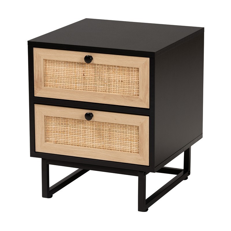 BAXTON STUDIO LCF20008-RATTAN-NS DECLAN 15 3/4 INCH MID-CENTURY MODERN ESPRESSO BROWN FINISHED WOOD AND NATURAL RATTAN 2-DRAWER NIGHTSTAND