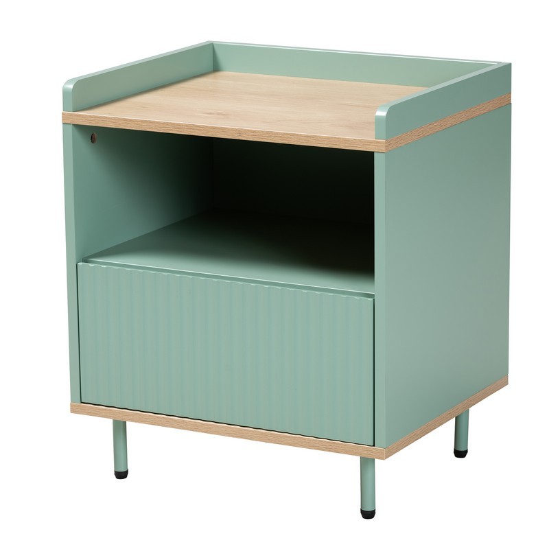 BAXTON STUDIO LCF20170-MINT GREEN/ET TAVITA 18 7/8 INCH MID-CENTURY MODERN TWO-TONE MINT GREEN AND OAK BROWN FINISHED WOOD 1-DRAWER END TABLE