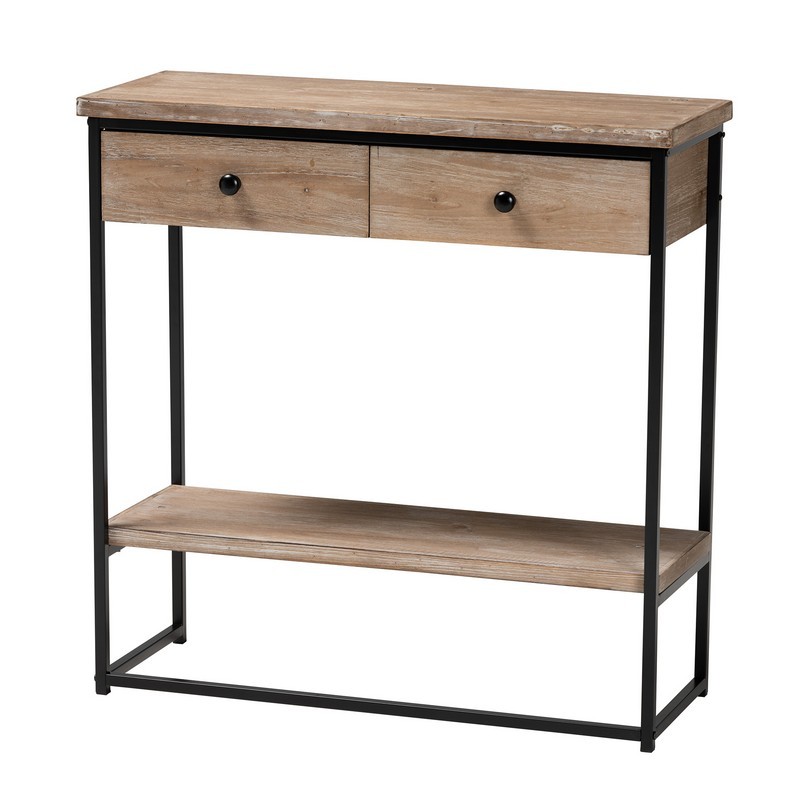 BAXTON STUDIO LCF20260-WOOD/METAL-CONSOLE TABLE SILAS 31 1/2 INCH MODERN INDUSTRIAL NATURAL BROWN FINISHED WOOD AND BLACK METAL 2-DRAWER CONSOLE TABLE