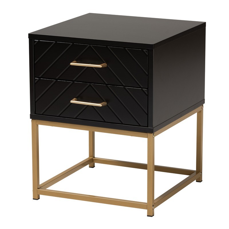 BAXTON STUDIO LCF20403-BLACK/GOLD-ET INAYA 15 3/4 INCH CONTEMPORARY GLAM AND LUXE BLACK FINISHED WOOD AND GOLD METAL 2-DRAWER END TABLE