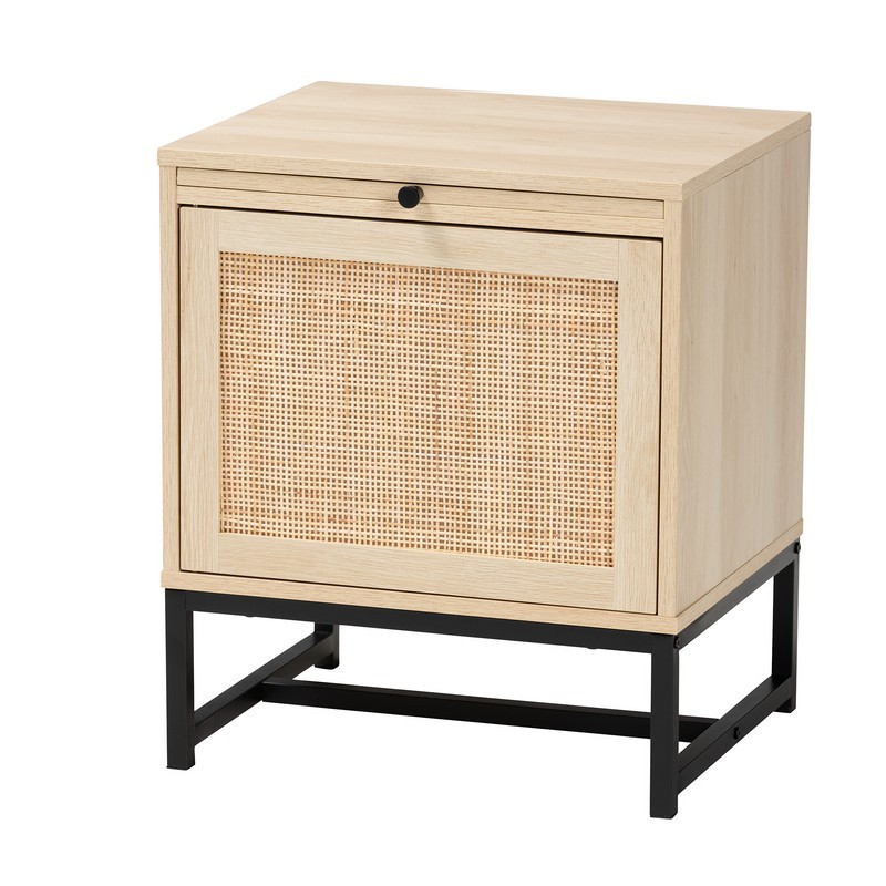 BAXTON STUDIO WES-005-NATURAL/BLACK-NS CATERINA 18 7/8 INCH MID-CENTURY MODERN TRANSITIONAL NATURAL BROWN FINISHED WOOD AND NATURAL RATTAN 1-DOOR NIGHTSTAND WITH PULL-OUT SHELF