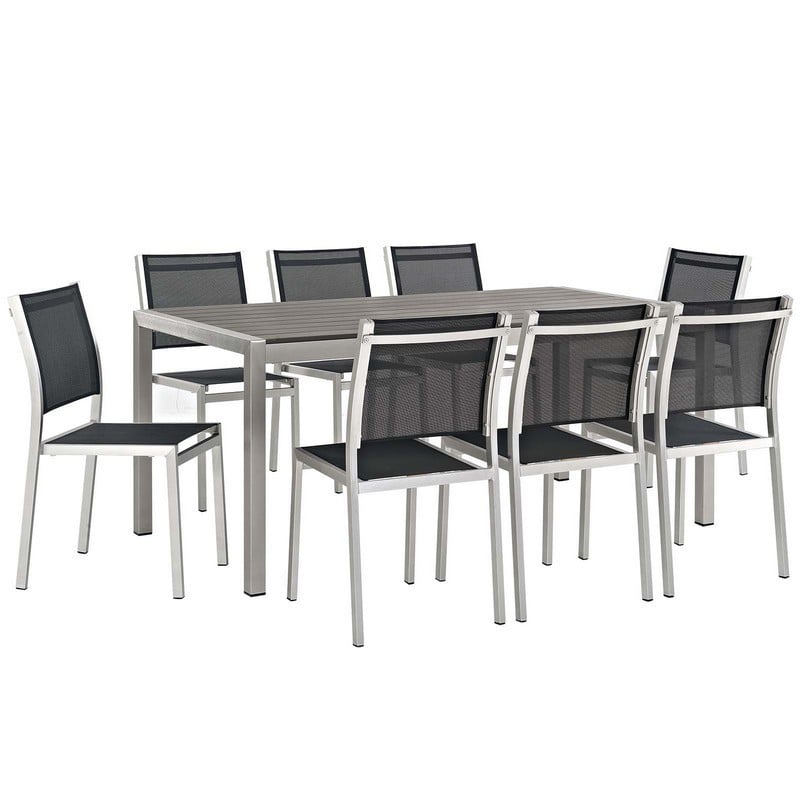 MODWAY EEI-2583-SLV-BLK-SET SHORE 9 PIECE OUTDOOR PATIO ALUMINUM DINING SET