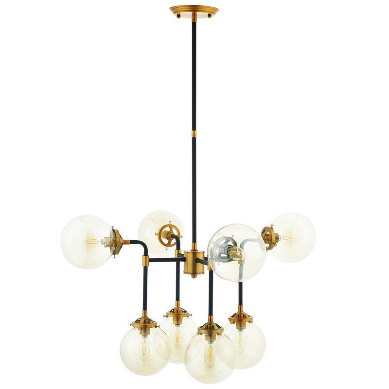MODWAY EEI-2883 AMBITION 30 1/2 INCH AMBER GLASS AND ANTIQUE BRASS 8 LIGHT PENDANT CHANDELIER