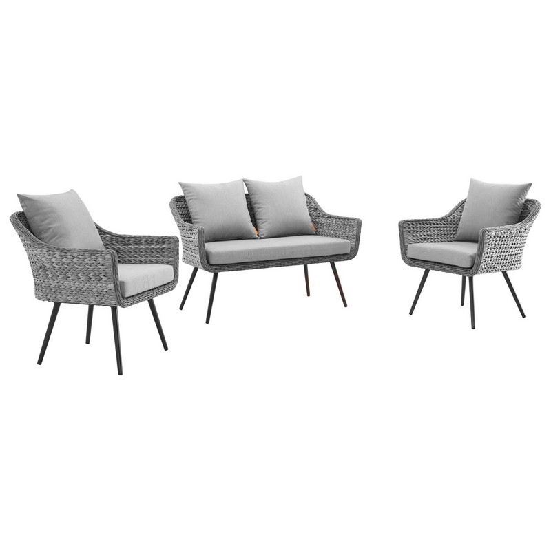 MODWAY EEI-3175-GRY-GRY-SET ENDEAVOR 3 PIECE OUTDOOR PATIO WICKER RATTAN LOVESEAT AND ARMCHAIR SET