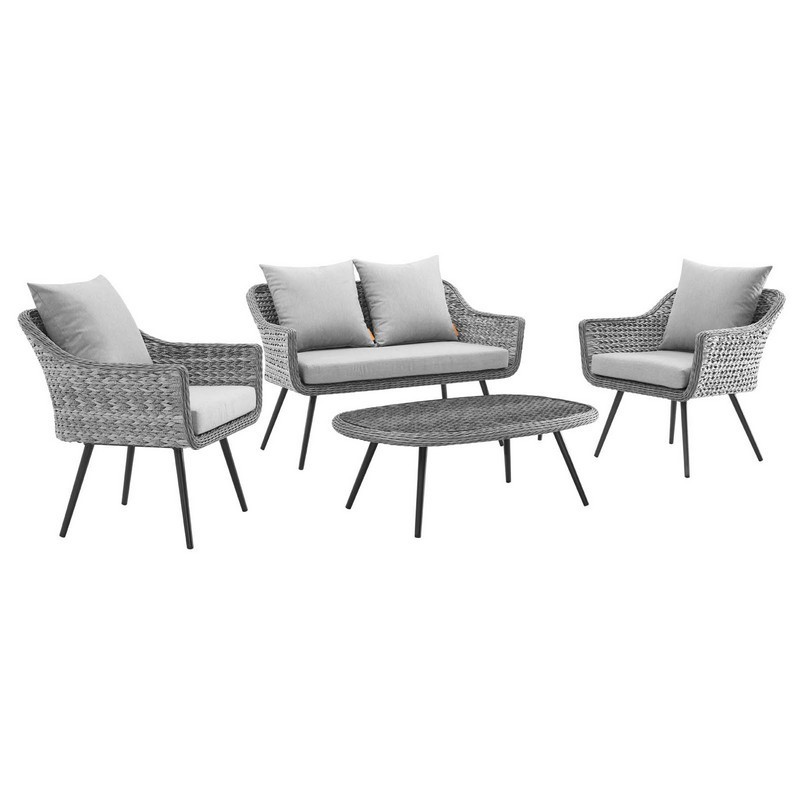 MODWAY EEI-3177-GRY-GRY-SET ENDEAVOR 4 PIECE OUTDOOR PATIO WICKER RATTAN LOVESEAT ARMCHAIR AND COFFEE TABLE SET