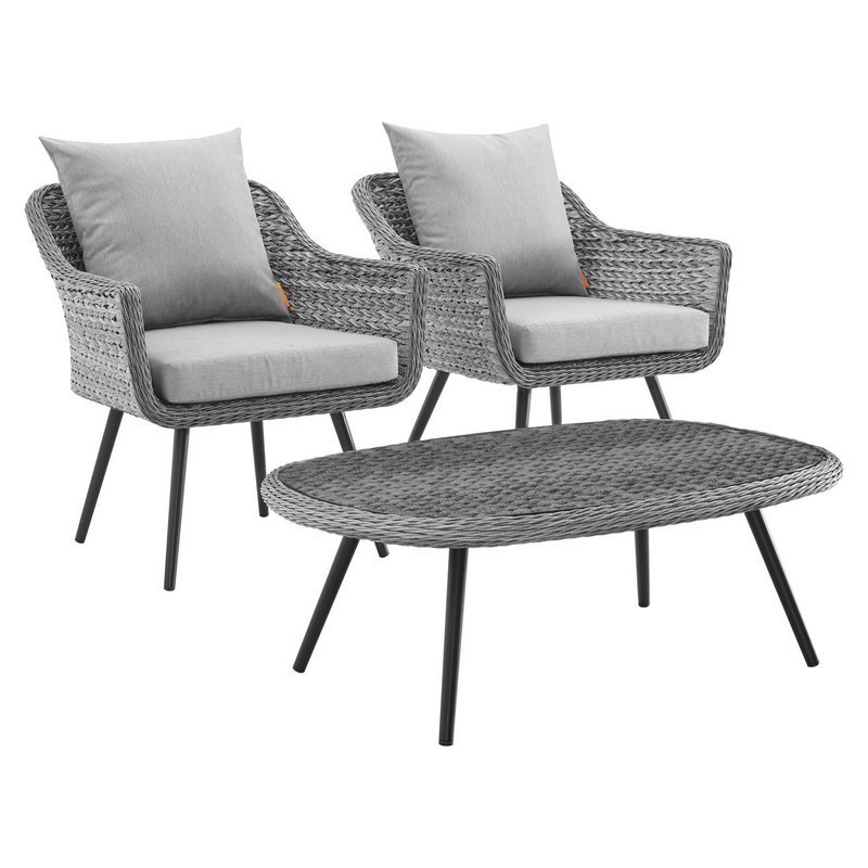 MODWAY EEI-3179-GRY-GRY-SET ENDEAVOR 3 PIECE OUTDOOR PATIO WICKER RATTAN ARMCHAIR AND COFFEE TABLE SET