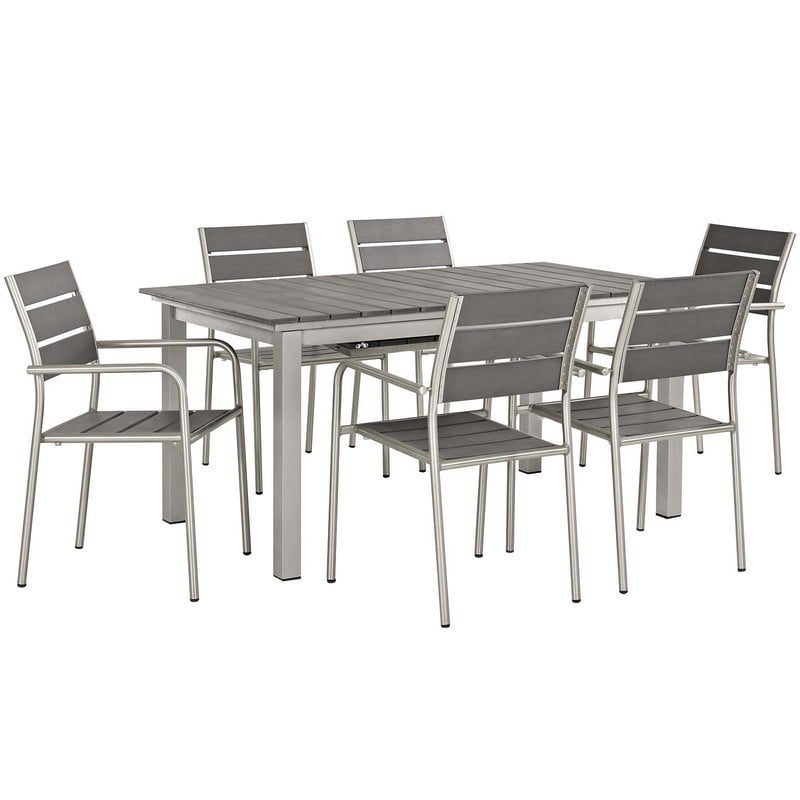 MODWAY EEI-3199-SLV-GRY-SET SHORE 7 PIECE OUTDOOR PATIO ALUMINUM DINING SET