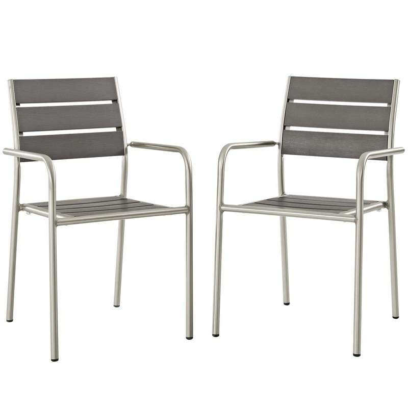 MODWAY EEI-3203-SLV-GRY-SET SHORE 31 INCH OUTDOOR PATIO ALUMINUM DINING ROUNDED ARMCHAIR SET OF 2