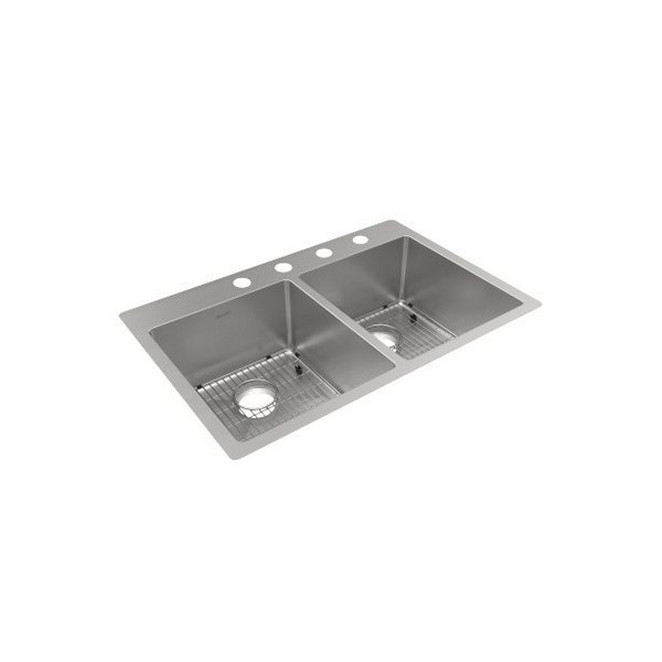ELKAY ECTSR33229TBG4 CROSSTOWN 33 INCH 18 GAUGE FOUR-HOLE EQUAL DOUBLE BOWL STAINLESS STEEL KITCHEN SINK KIT - POLISHED SATIN
