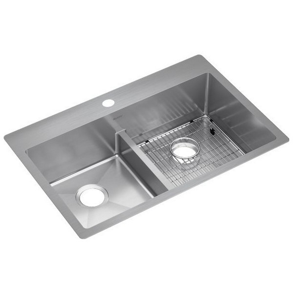 ELKAY ECTSRA33229TBG1 CROSSTOWN 33 INCH 18 GAUGE ONE-HOLE EQUAL DOUBLE BOWL DUAL MOUNT STAINLESS STEEL KITCHEN SINK KIT WITH AQUA DIVIDE - POLISHED SATIN