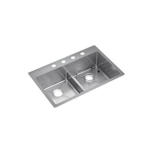 ELKAY ECTSRA33229TBG4 CROSSTOWN 33 INCH 18 GAUGE FOUR-HOLE EQUAL DOUBLE BOWL DUAL MOUNT STAINLESS STEEL KITCHEN SINK KIT WITH AQUA DIVIDE - POLISHED SATIN