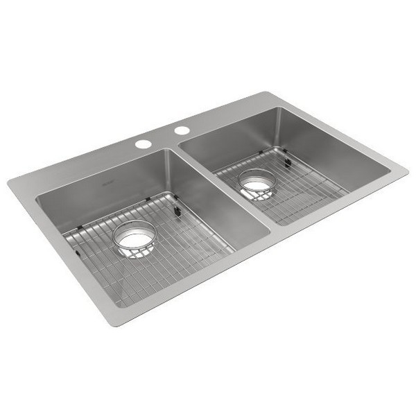 ELKAY ECTSRAD33226TBG2 CROSSTOWN 33 INCH 18 GAUGE TWO-HOLE EQUAL DOUBLE BOWL DUAL MOUNT STAINLESS STEEL ADA KITCHEN SINK KIT - POLISHED SATIN