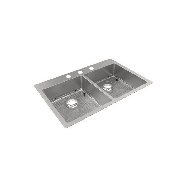 ELKAY ECTSRAD33226TBG3 CROSSTOWN 33 INCH 18 GAUGE THREE-HOLE EQUAL DOUBLE BOWL DUAL MOUNT STAINLESS STEEL ADA KITCHEN SINK KIT - POLISHED SATIN