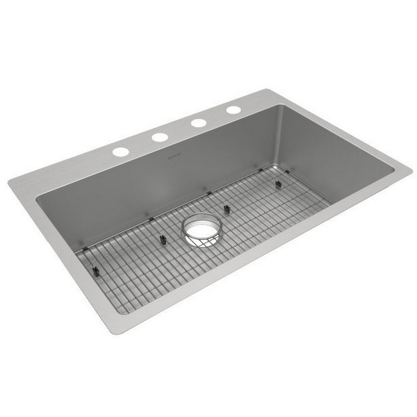 ELKAY ECTSRS33229TBG4 CROSSTOWN 33 INCH FOUR-HOLE SINGLE BOWL DUAL MOUNT STAINLESS STEEL KITCHEN SINK KIT - POLISHED SATIN