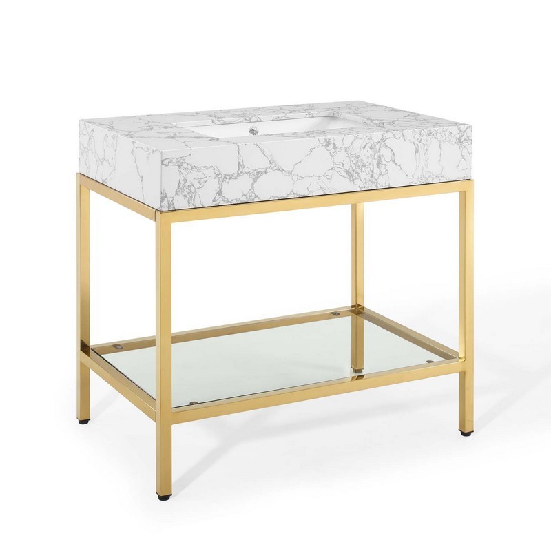 MODWAY EEI-3997-GLD-WHI KINGSLEY 36 1/2 INCH GOLD STAINLESS STEEL BATHROOM VANITY