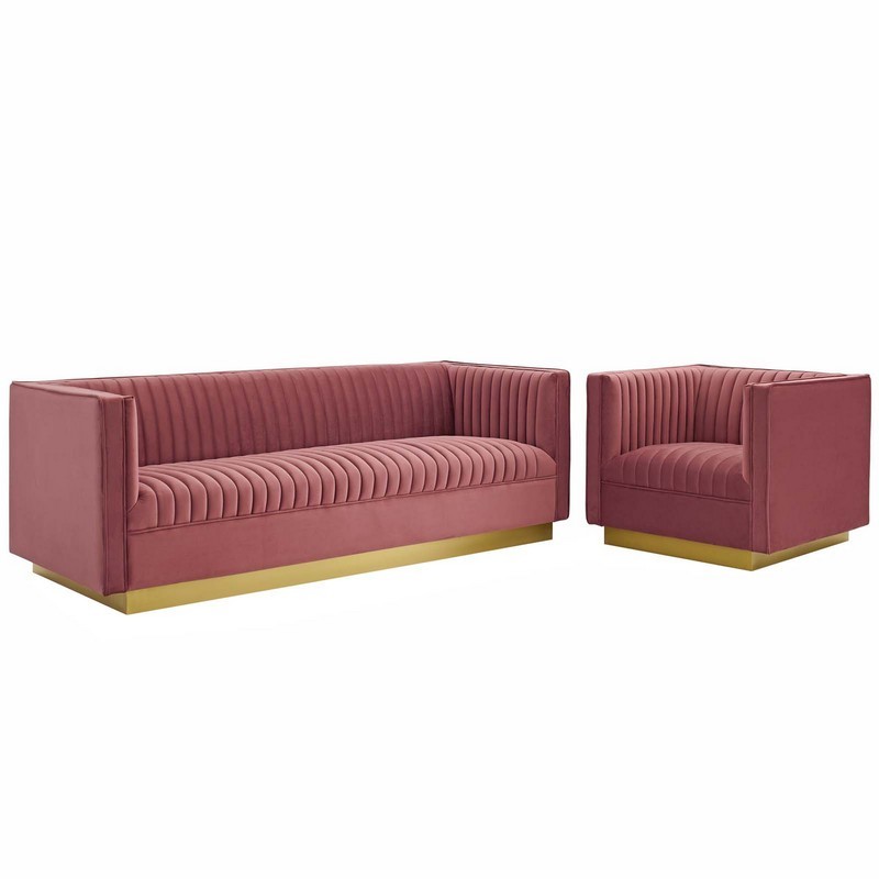 MODWAY EEI-4143 SANGUINE 117 1/2 INCH VERTICAL CHANNEL TUFTED UPHOLSTERED PERFORMANCE VELVET SOFA AND ARMCHAIR SET
