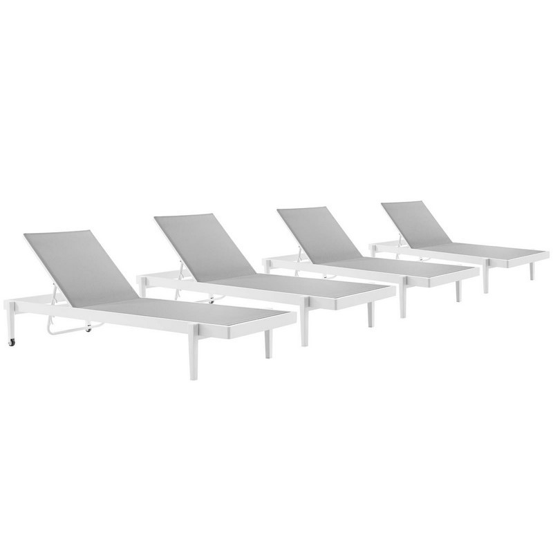 MODWAY EEI-4205-WHI-GRY CHARLESTON 114 INCH OUTDOOR PATIO ALUMINUM CHAISE LOUNGE CHAIR SET OF 4