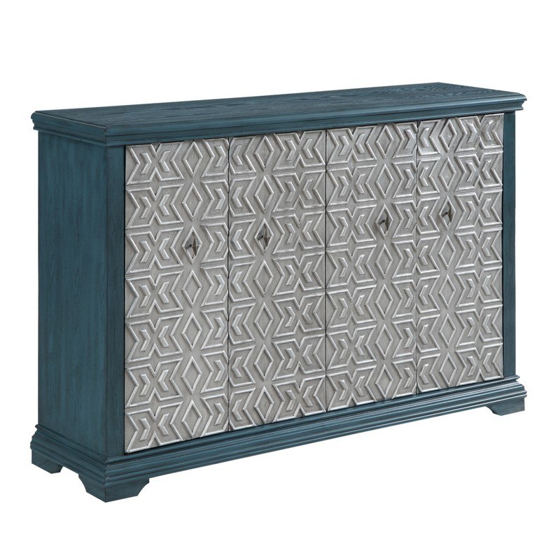 INFURNITURE AC1835-61-TS 61 INCH VINTAGE STYLE DARK TURQUOISE CREDENZA ACCENT CABINET WITH FOUR SILVER PATTERN DOORS
