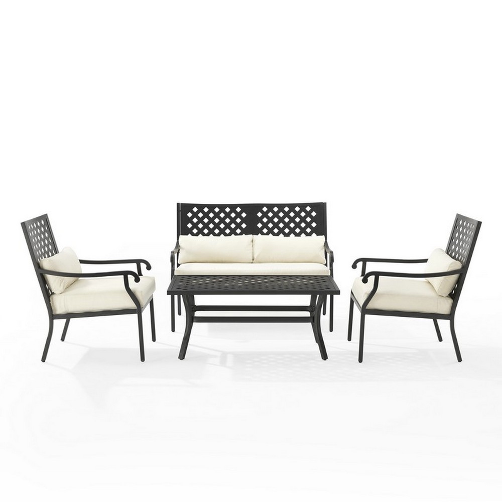 CROSLEY KO70285MB-CR ALISTAIR 4-PIECE OUTDOOR LOVESEAT PATIO FURNITURE SET IN CREME AND MATTE BLACK