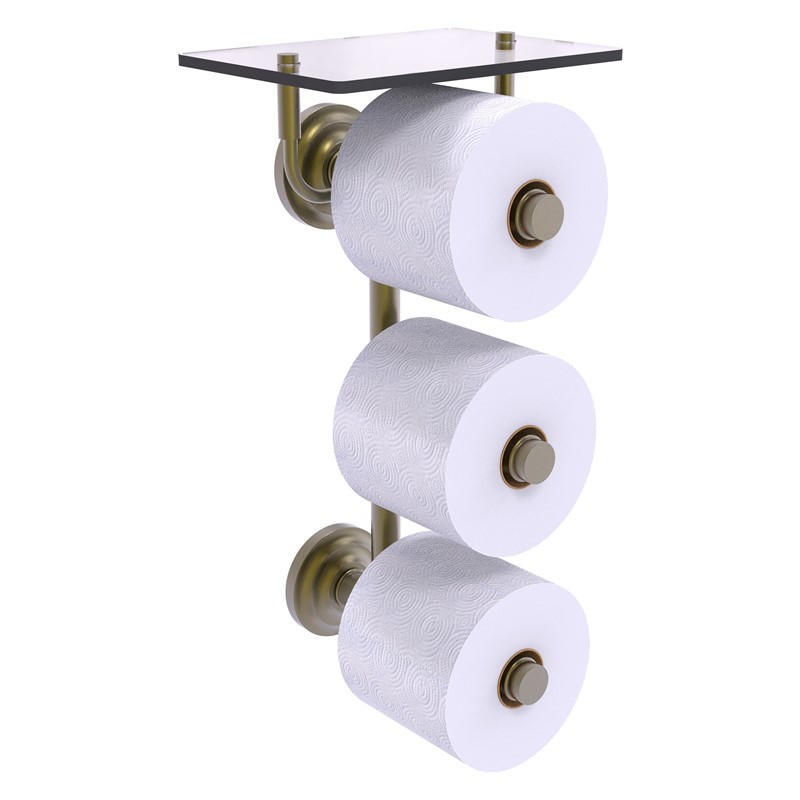 ALLIED BRASS QN-35-3VS QUE NEW 8 3/4 INCH 3 ROLL TOILET PAPER HOLDER WITH GLASS SHELF