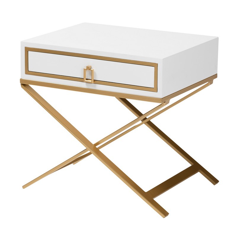 BAXTON STUDIO JY21B017-WHITE/GOLD-ET LILIBET 19 3/4 INCH MODERN GLAM AND LUXE WOOD AND GOLD METAL 1-DRAWER END TABLE - WHITE