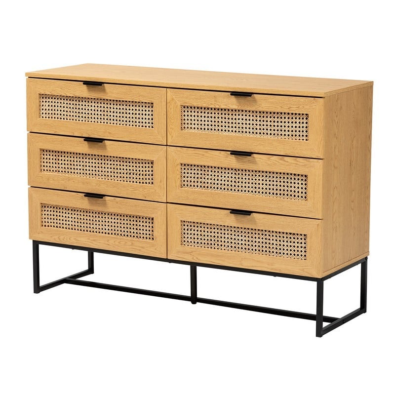 BAXTON STUDIO LCF20220221-OAK BROWN-6DW-CABINET SAWYER 47 1/4 INCH MID-CENTURY MODERN INDUSTRIAL WOOD AND BLACK METAL 6-DRAWER STORAGE CABINET WITH NATURAL RATTAN - OAK BROWN