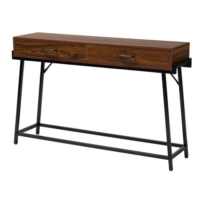 BAXTON STUDIO LCF20608C-CONSOLE TABLE EIVOR 47 1/4 INCH MODERN INDUSTRIAL WOOD AND BLACK METAL 2-DRAWER CONSOLE TABLE - WALNUT BROWN